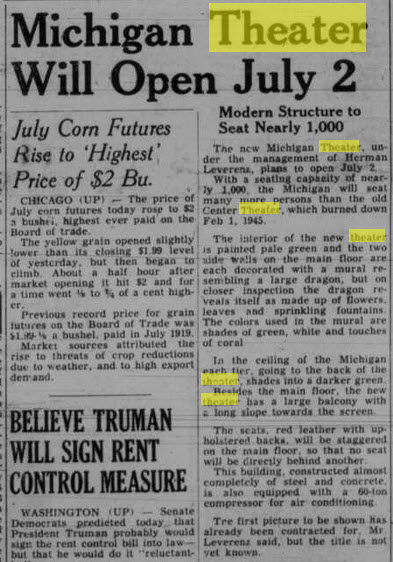 Michigan Theatre -  Jun 20 1947 Article On Opening